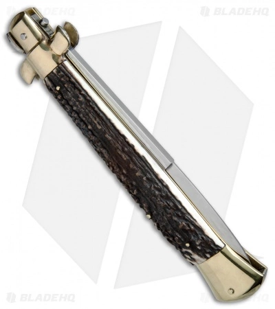 AGA Campolin 15" Auto Italian Stiletto Knife Stag Horn/Brass (7" Satin Bayo) - Image 3