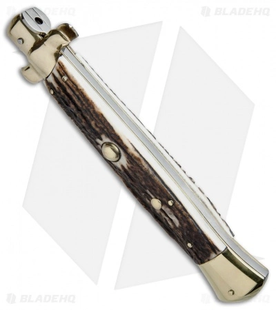AGA Campolin 15" Auto Italian Stiletto Knife Stag Horn/Brass (7" Satin Bayo) - Image 2