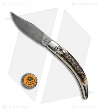 AGA Campolin Diana Lever Lock Automatic Knife Stag Horn (3.75" Damascus) - Image 4