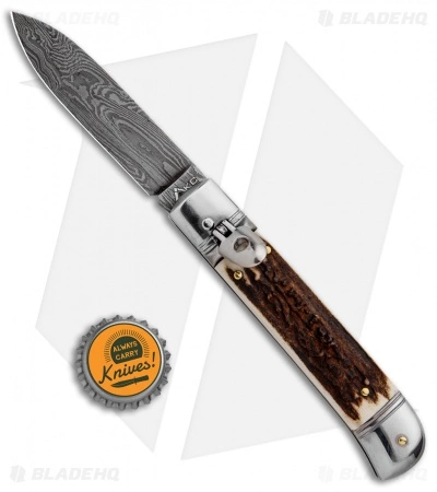 AKC Classic 8" Lever Lock Automatic Italian Knife Stag (3.2" Damascus) - Image 4