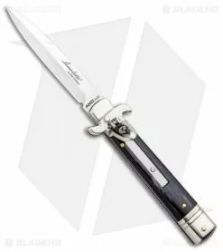 AKC Leverletto 7.75" Lever Lock Auto Italian Knife Dark Horn (3.25" Satin Bayo)