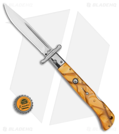 Italian Style 11" Roma Drop Point Auto Swinguard Yellow Pearlex (4.6" Polish) - Image 4