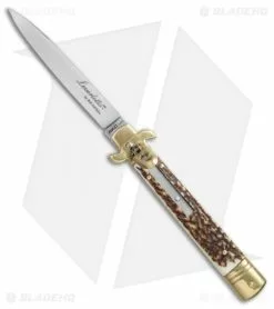 AKC Leverletto 9" Lever Lock Auto Italian Knife Brass/Stag Horn (4" Satin)