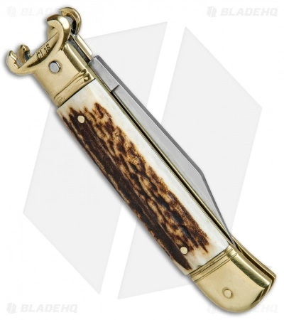 SKM 8" Lever Lock Italian Auto Stag Bone W/ Brass Bolster (3.2" Polish) - Image 3