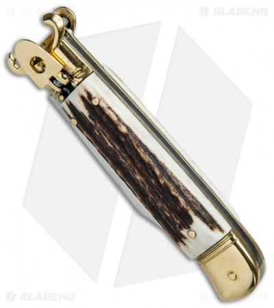 SKM 8" Lever Lock Italian Auto Stag Bone W/ Brass Bolster (3.2" Polish) - Image 2