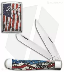 Case Cutlery Trapper Knife 4" Ford Zippo Gift Set Smooth Bone (6254 SS) 14331