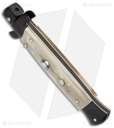 Frank B 9" Italian Stiletto Bayonet Automatic Knife Honey Horn (4" Black) - Image 2
