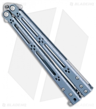Hom Design Basilisk-R Titanium Balisong Butterfly Knife Blue Ano (4.6" Satin) - Image 2