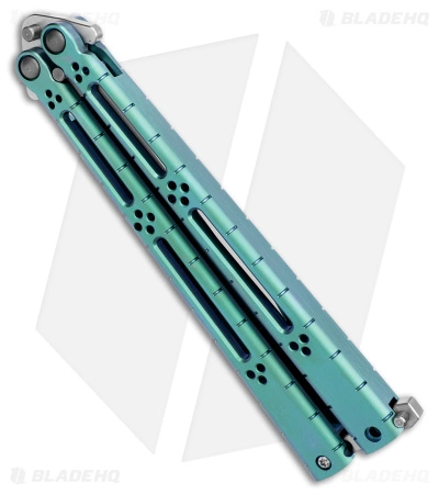 Hom Design I-Basilisk Channel Butterfly Knife Teal Titanium Latched (4.5" Satin) - Image 3