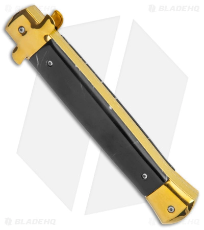 Mago 11" Italian Stiletto OTF Automatic Knife Black Acrylic (4.75" Gold Bayonet) - Image 3