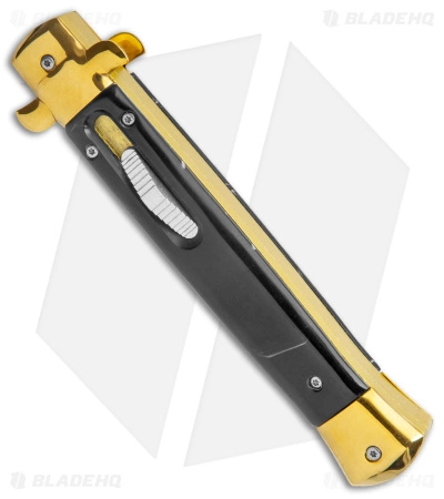 Mago 11" Italian Stiletto OTF Automatic Knife Black Acrylic (4.75" Gold Bayonet) - Image 2