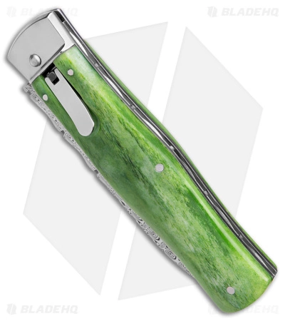 Mikov 241 Predator Lever Lock Automatic Knife Green Camel Bone (3.75" Damascus) - Image 2