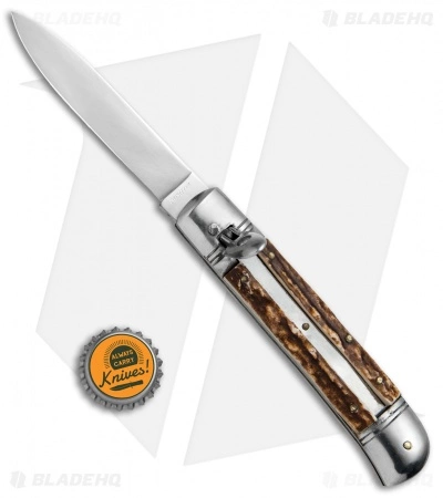 Old Style 8" Lever Lock Italian Automatic Knife Stag (3.2" Satin) - Image 4
