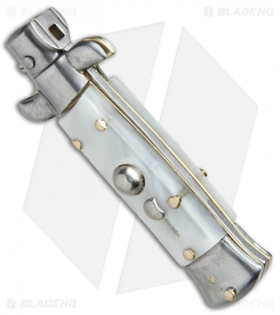 SKM 4.5" Italian Mini Stiletto Automatic Knife White Pearlex (Swedge) - Image 2
