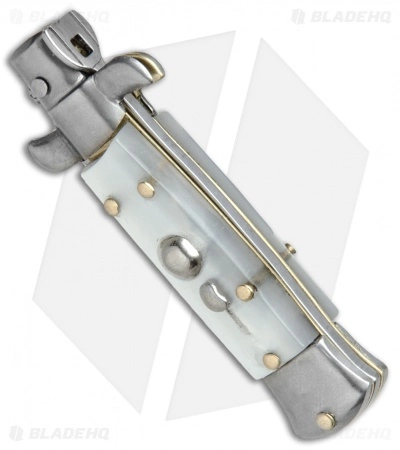 SKM 4.5" Italian Mini Stiletto Automatic Knife White Acrylic (2" Satin Kris) - Image 2