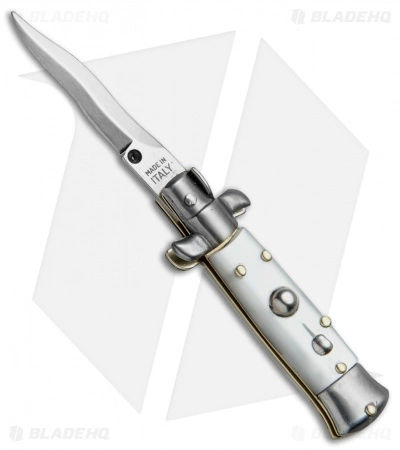 SKM 4.5" Italian Mini Stiletto Automatic Knife White Acrylic (2" Satin Kris)