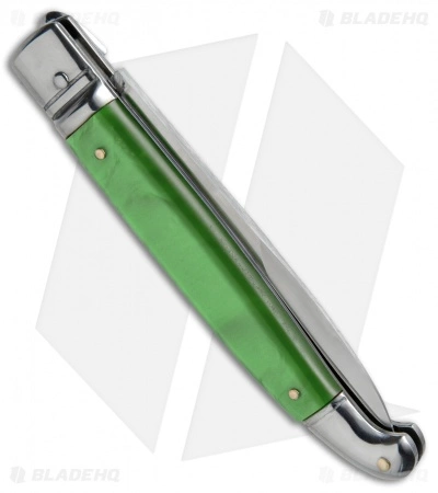 SKM 9.5" Fancy Lever Lock Automatic Knife Green Acrylic (4" Satin Bayo) - Image 3