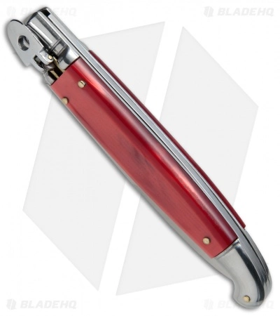 SKM 9.5" Fancy Lever Lock Automatic Knife Red Acrylic (4" Satin Bayo) - Image 2