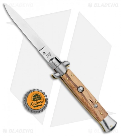 SKM 9" Italian Stiletto Automatic Knife Olive Wood (3.8" Satin Flat) - Image 4