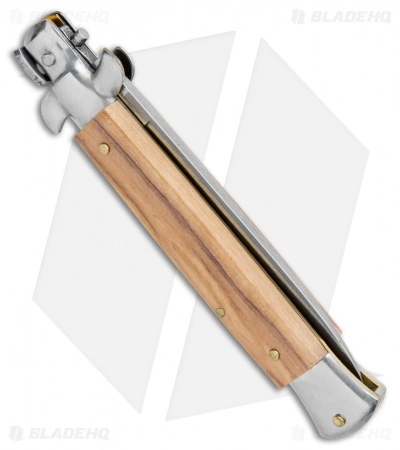 SKM 9" Italian Stiletto Automatic Knife Olive Wood (3.8" Satin Flat) - Image 3