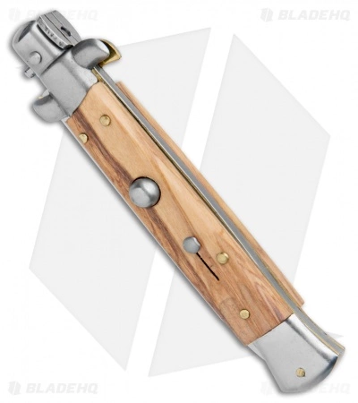 SKM 9" Italian Stiletto Automatic Knife Olive Wood (3.8" Satin Flat) - Image 2