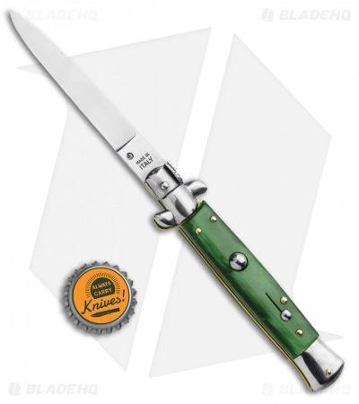 SKM 9" Italian Stiletto Automatic Knife Green Acrylic (4" Satin Flat) - Image 4