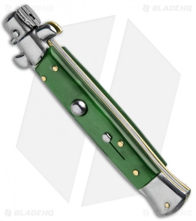 SKM 9" Italian Stiletto Automatic Knife Green Acrylic (4" Satin Flat) - Image 2