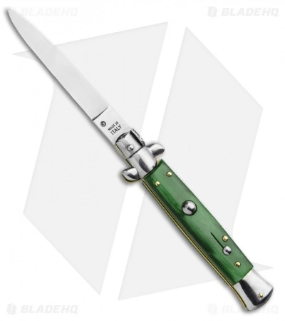SKM 9" Italian Stiletto Automatic Knife Green Acrylic (4" Satin Flat)