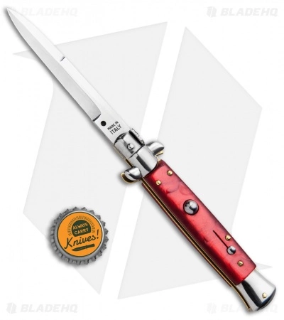 SKM 9" Italian Stiletto Automatic Bayonet Knife Red Acrylic (4" Satin) - Image 4