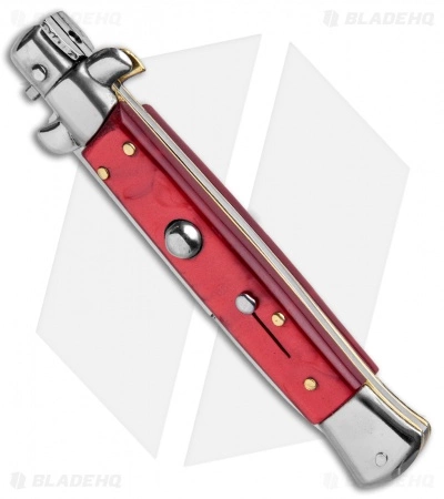 SKM 9" Italian Stiletto Automatic Bayonet Knife Red Acrylic (4" Satin) - Image 2