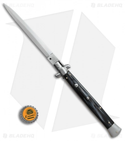 SKM AB 13" Italian Stiletto Automatic Knife Sim. Dark Horn (5.7" Satin Dagger) - Image 4