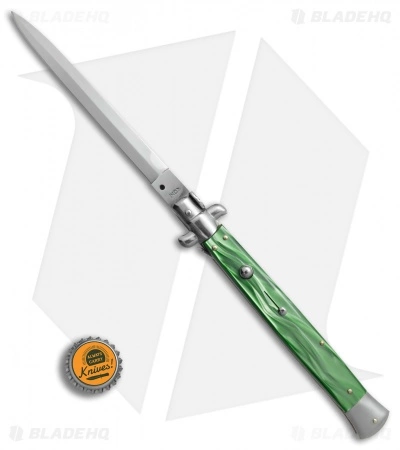 SKM AB 13" Italian Stiletto Automatic Knife Green Pearlex (5.7" Satin Dagger) - Image 4