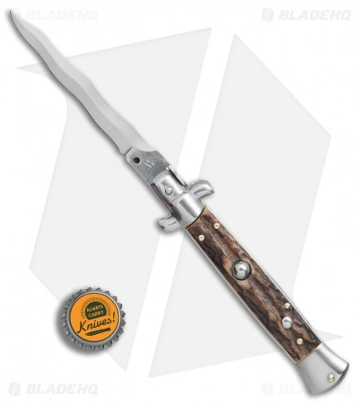SKM AB 9" Italian Stiletto Kris Automatic Knife Stag (3.8" Satin) - Image 4