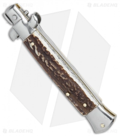 SKM AB 9" Italian Stiletto Kris Automatic Knife Stag (3.8" Satin) - Image 2
