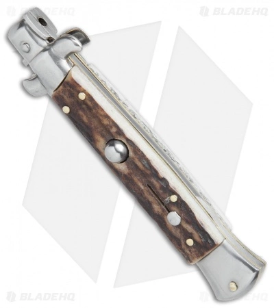 SKM AB 9" Italian Stiletto Kris Automatic Knife Stag (3.8" Satin) - Image 3