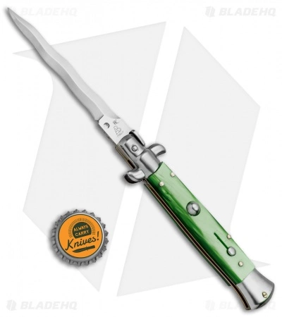 SKM AB 9" Italian Stiletto Automatic Knife Green Acrylic (3.8" Satin Kris) - Image 4