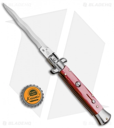 SKM AB 9" Italian Stiletto Automatic Knife Red Acrylic (3.8" Satin Kris) - Image 4