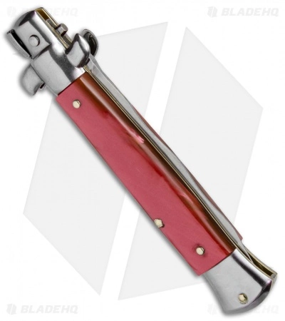 SKM AB 9" Italian Stiletto Automatic Knife Red Acrylic (3.8" Satin Kris) - Image 3