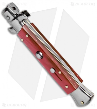 SKM AB 9" Italian Stiletto Automatic Knife Red Acrylic (3.8" Satin Kris) - Image 2