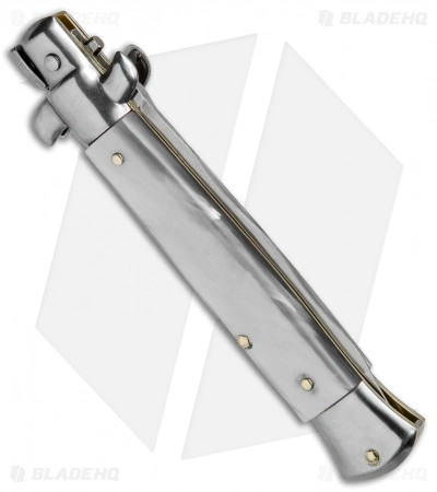 SKM AB 9" Italian Stiletto Automatic Knife White Acrylic (3.8" Satin Kris) - Image 3