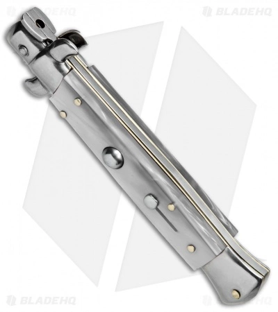 SKM AB 9" Italian Stiletto Automatic Knife White Acrylic (3.8" Satin Kris) - Image 2