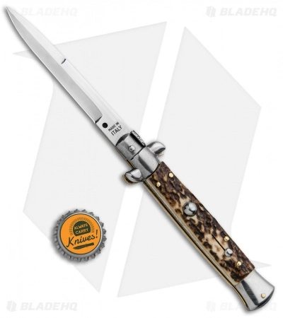 SKM AB 9" Italian Stiletto Bayo Automatic Knife Stag (3.8" Satin) - Image 4