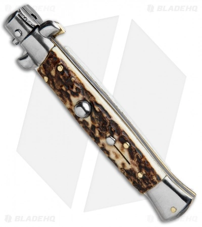 SKM AB 9" Italian Stiletto Bayo Automatic Knife Stag (3.8" Satin) - Image 2