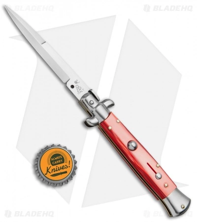 SKM AB 9" Italian Stiletto Automatic Knife Red Pearlex (3.8" Satin Bayonet) - Image 4