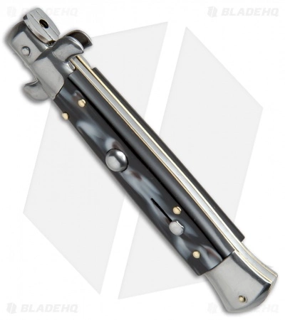 SKM AB 9" Italian Stiletto Automatic Knife Sim Dark Horn (3.8" Satin Dagger) - Image 2