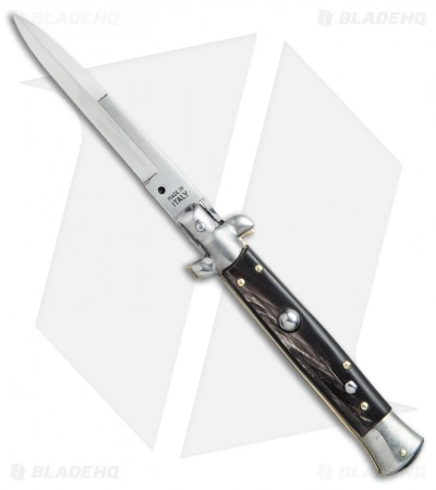 SKM 9" Italian Stiletto Automatic Knife Dark Horn (4" Satin Bayonet)