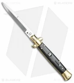 SKM 9" Italian Stiletto Automatic Knife Brass/Dark Horn (3.8" Satin Bayonet)