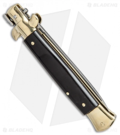 SKM 9" Italian Stiletto Automatic Knife Brass/Dark Horn (4" Satin Flat) - Image 3