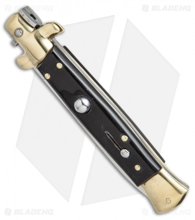 SKM 9" Italian Stiletto Automatic Knife Brass/Dark Horn (4" Satin Flat) - Image 2