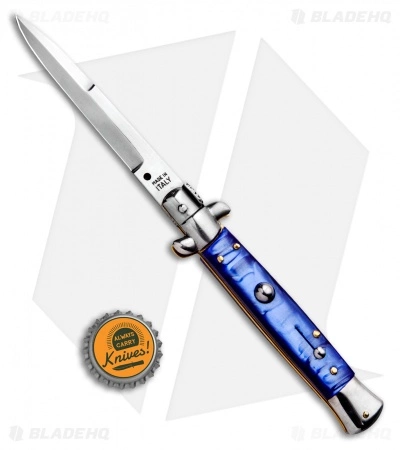 SKM 9" Italian Stiletto Bayonet Automatic Knife Blue Acrylic (4" Satin) - Image 4